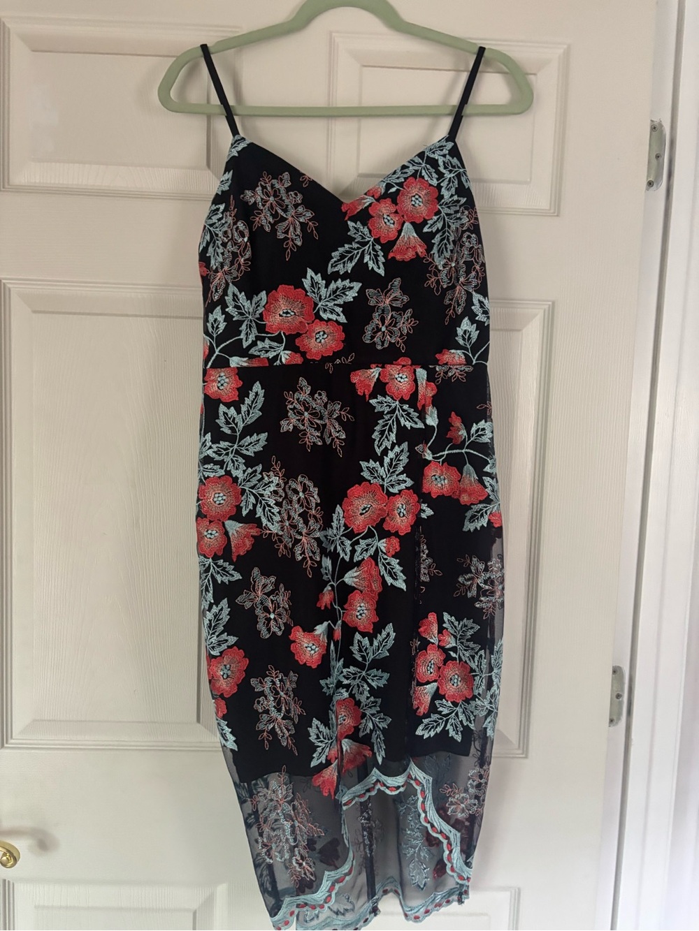 Guess Black Midi Dress with Coral Floral Embroidery